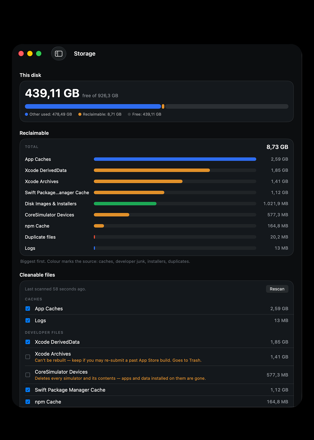 Slit's Storage view listing 8.73 GB of reclaimable app caches, Xcode data and logs with cleanable files ticked