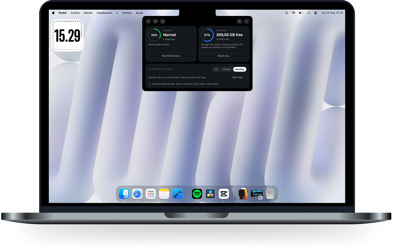 MacBook showing Slit's menu bar panel with memory at 33%, 399 GB of free storage and monthly automatic cleanup